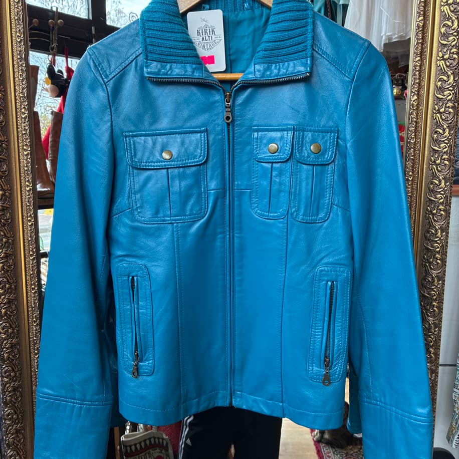 Asymmetric Pocket Teal Leather Jacket