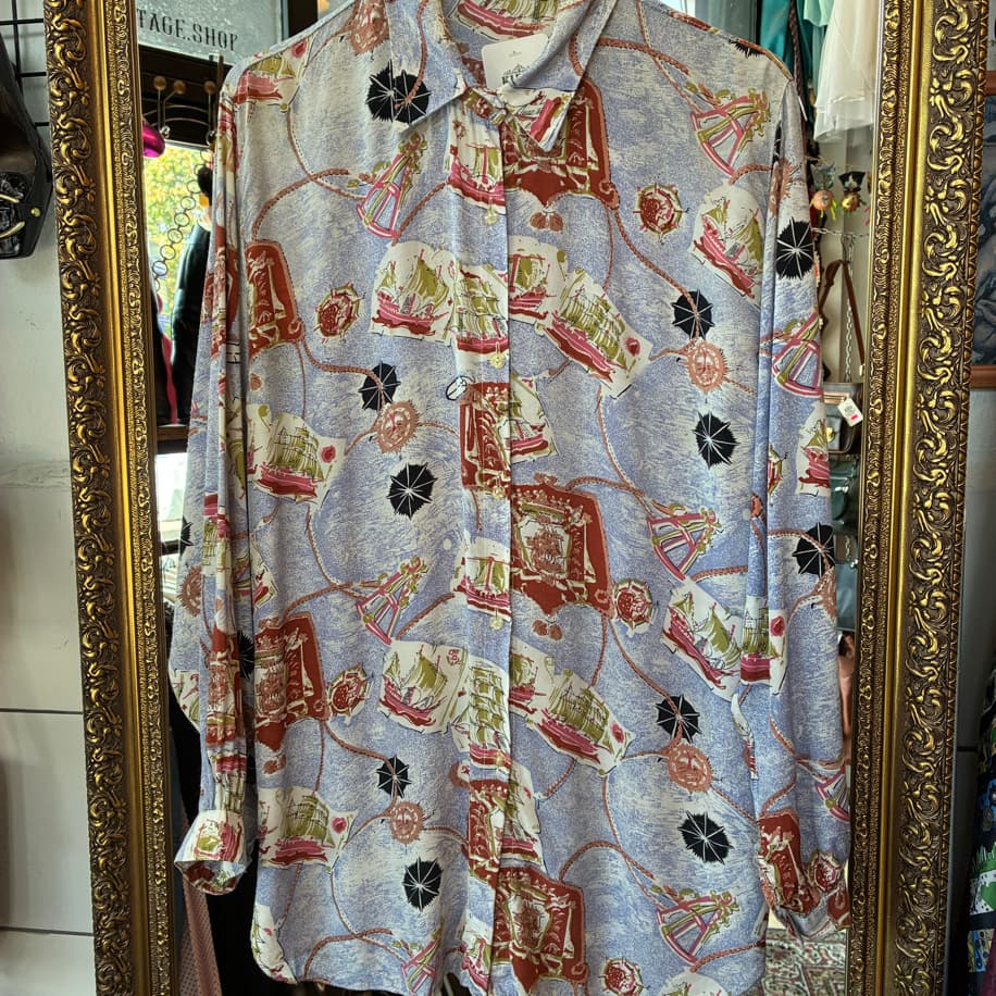 80’s Nautical Print Shirt – Sailing Ship & Compass Design