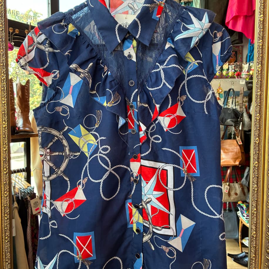 80’s Nautical Print Ruffle Blouse — Navy & Red