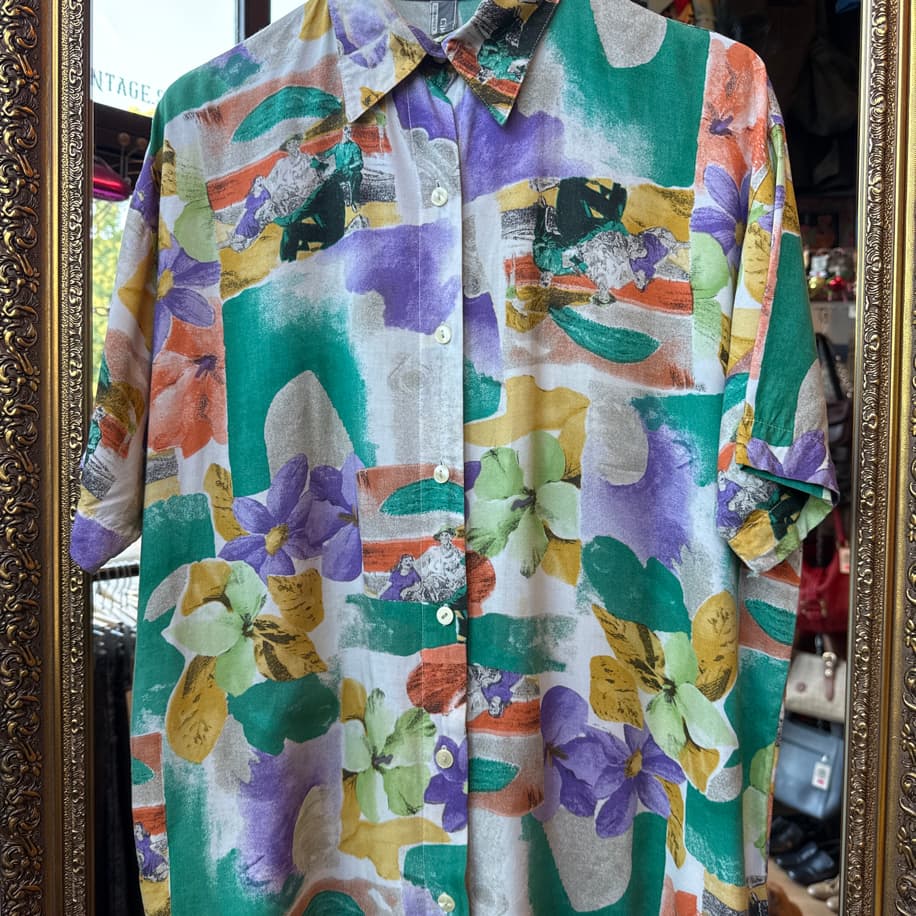 90’s Art Print Floral Shirt — Watercolor Green & Violet